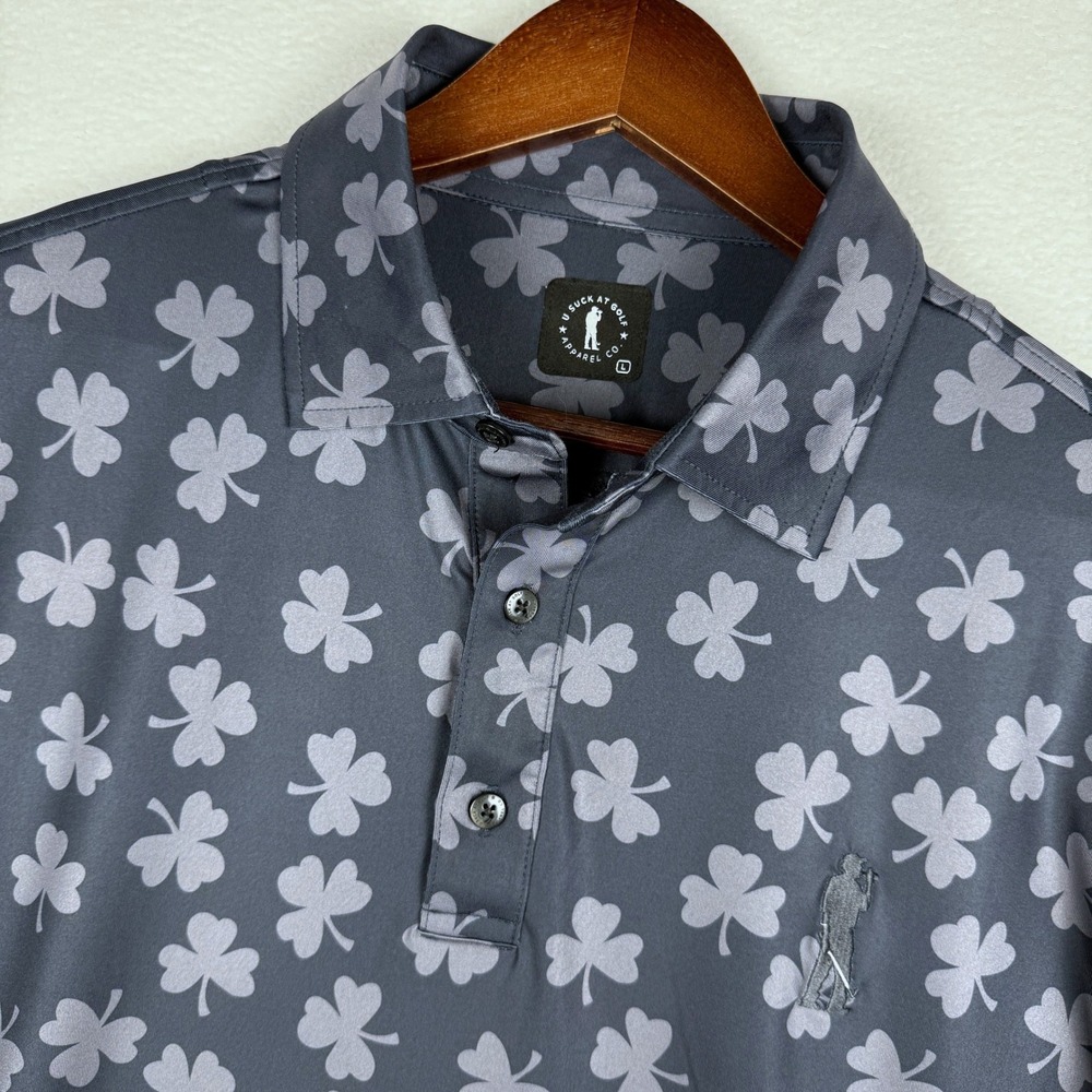 U Suck At Golf Polo Shirt Mens L Irish Shamrock Clover Performance Short Sleeve